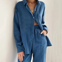 Women's Loran 2-piece cotton pajama set with long sleeves, perfect for autumn sleepwear, featuring comfortable and cozy design.