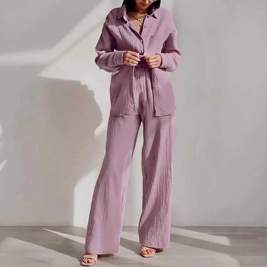 Women's 2-piece cotton pajama set by Loran with long sleeves, perfect for autumn sleepwear, shown in soft fabric and cozy fit.