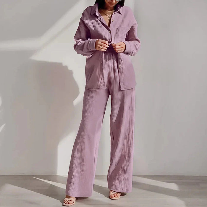 Women's 2-piece cotton pajama set by Loran with long sleeves, perfect for autumn sleepwear, shown in soft fabric and cozy fit.