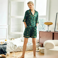 Loran women's Mulberry silk kitty pyjama set for autumn, featuring a cozy nightwear ensemble with playful cat design.