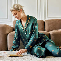 Loran women's mulberry silk kitty pyjama set in autumn nightwear style, featuring a comfortable, elegant sleepwear design.