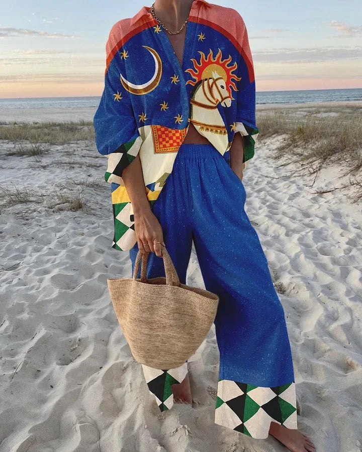 LORNEA women's tropical beach holiday two-piece set with printed button shirt and wide-leg pants for casual summer wear.