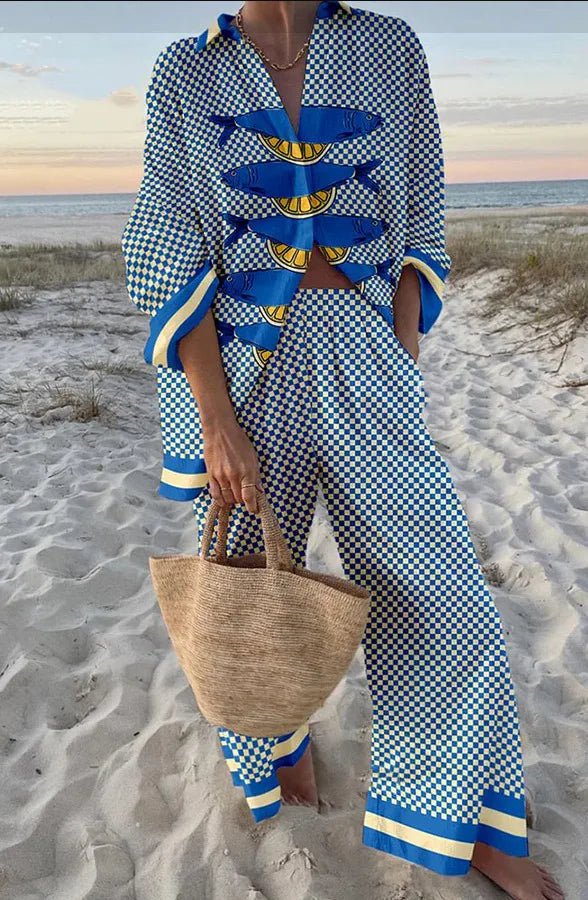 LORNEA women's funny printed tropical beach holiday two-piece set with button shirt and wide-leg pants, casual summer outfit
