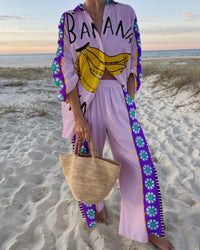 LORNEA women's tropical beach holiday two-piece set with printed shirt and wide-leg pants, casual and stylish for summer.