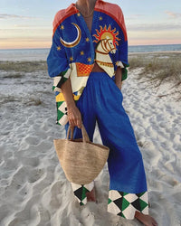 LORNEA women's tropical print two-piece beach holiday outfit with loose button-up shirt and wide-leg pants, casual summer style