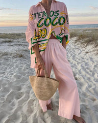 LORNEA women's tropical beach holiday two-piece set with printed button shirt and wide-leg pants, casual summer outfit.
