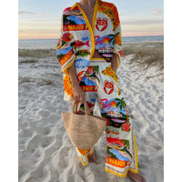LORNEA women's tropical beach holiday two-piece set featuring a printed button-up shirt and wide-leg pants, casual summer outfit