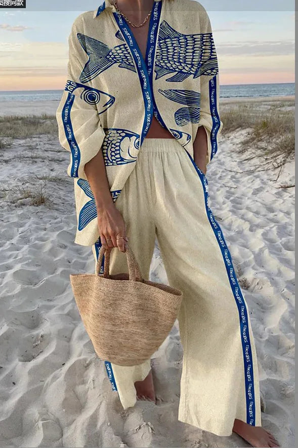 LORNEA women's tropical beach holiday two-piece set with printed button shirt and wide-leg pants, casual summer outfit.