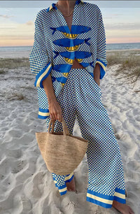 LORNEA women's funny printed tropical beach holiday casual two-piece outfit with button shirt and wide-leg pants.