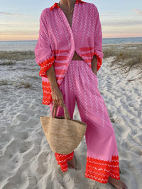 LORNEA women's tropical beach holiday two-piece set with printed button shirt and wide-leg pants, casual summer outfit.