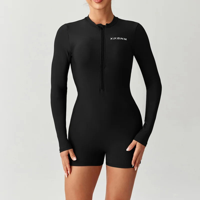 LORNEA women's long sleeve one-piece swimsuit with square cut bikini bottoms, conservative dive suit swimwear for ladies.