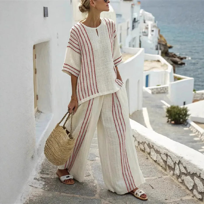 LORNEA breathable casual striped cotton print tee and wide-leg pants set, lightweight summer two-piece relaxed outfit.