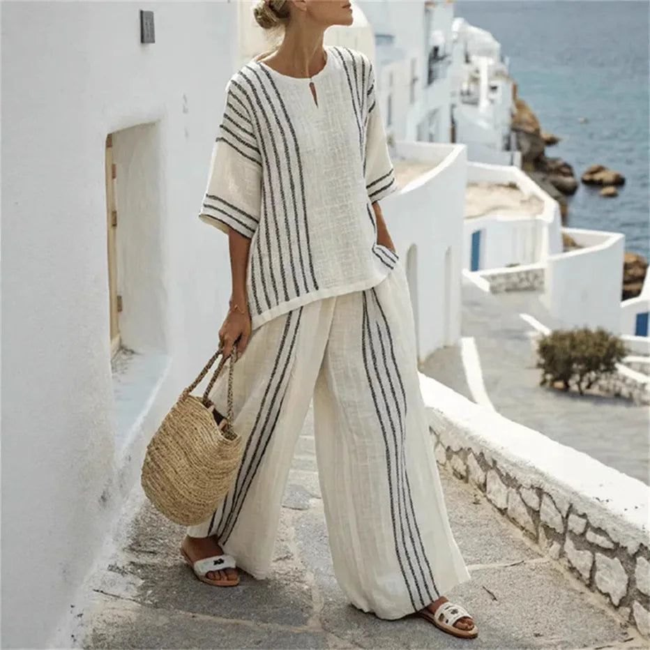 LORNEA breathable casual two-piece set with striped cotton print tee and lightweight wide-leg pants for summer comfort.