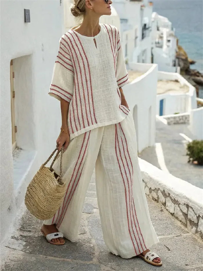 LORNEA breathable casual striped cotton print tee and wide-leg pants summer two-piece relaxed outfit.