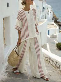 LORNEA breathable casual striped cotton print tee and wide-leg pants summer two-piece relaxed outfit.