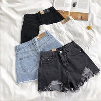 LORNEA women's Korean denim shorts with high waist, ripped design, tassel details, blue color, casual streetwear style.