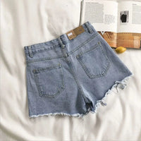 LORNEA Korean denim shorts for women, high waist ripped jeans with pockets and tassel details, perfect for summer streetwear.