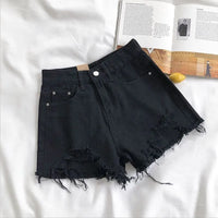 LORNEA Korean denim shorts for women, high waist ripped jeans with pockets and tassel, perfect for summer casual streetwear.