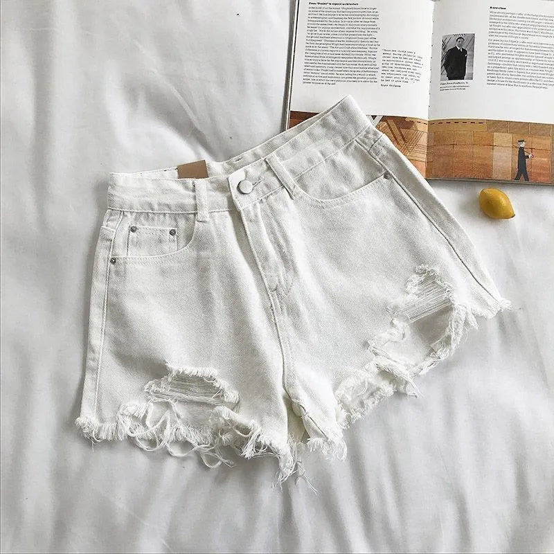 LORNEA Korean denim shorts for women, high waist ripped jeans with pockets and tassel details, perfect for summer streetwear.