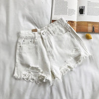 LORNEA Korean denim shorts for women, high waist ripped jeans with pockets and tassel details, perfect for summer streetwear.