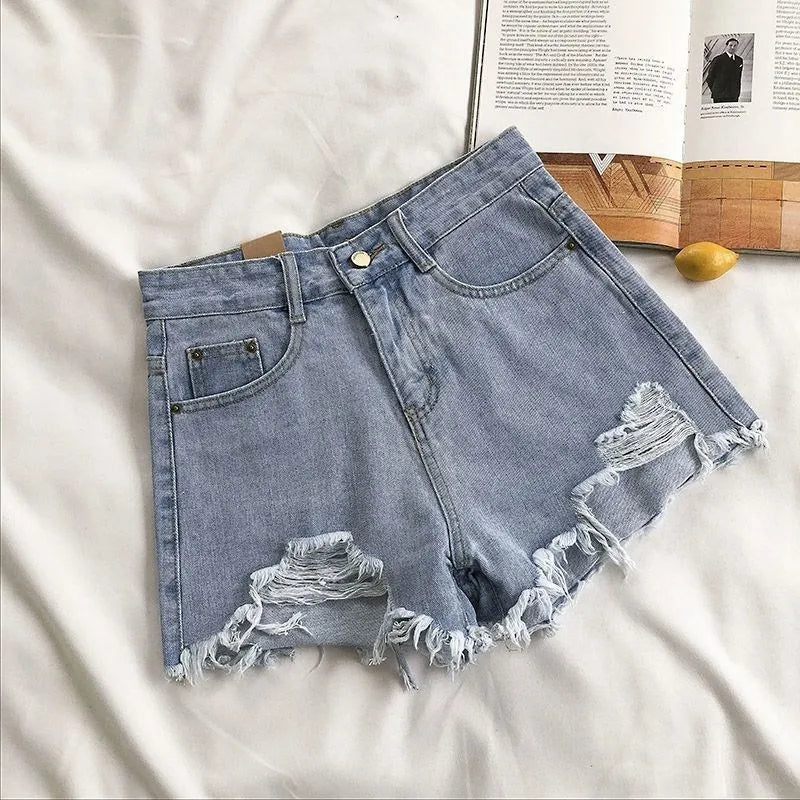 LORNEA women's Korean denim shorts with high waist, ripped design, tassel details, and blue streetwear style for summer fashion.