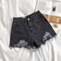 LORNEA Korean denim shorts for women, high waist ripped jeans with pockets and tassel details, streetwear summer fashion blue shorts