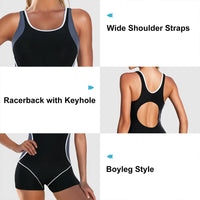 LORNEA women's one-piece boyleg swimsuit with tummy control, sporty design, and full coverage for comfortable swimwear.