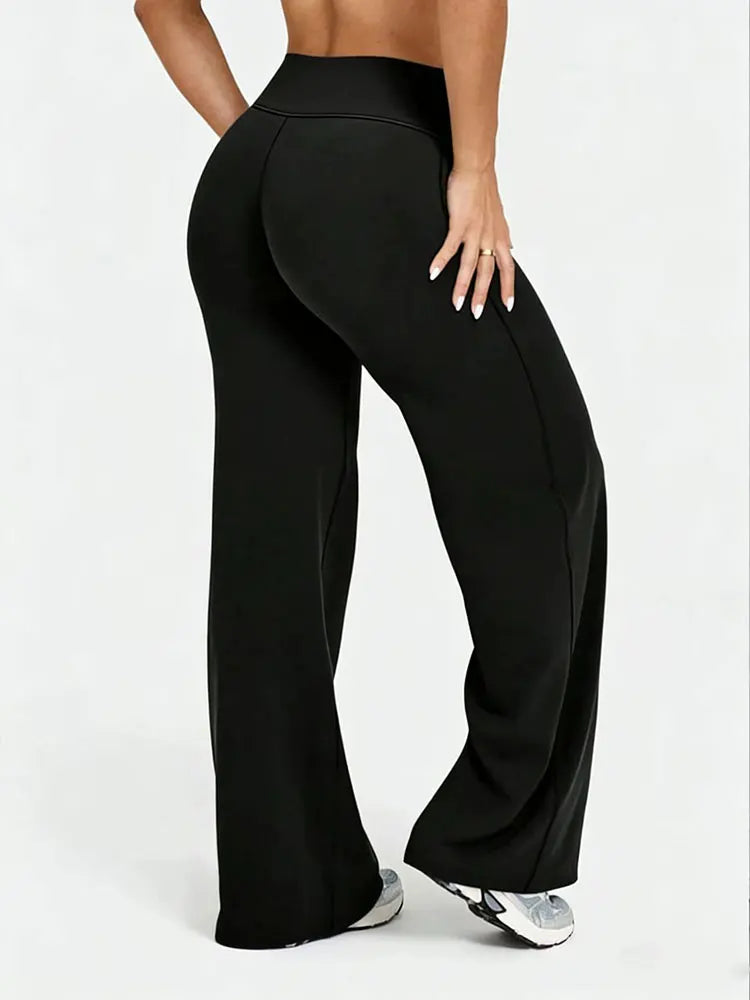 LORNEA women's high-waisted wide-leg athletic pants in brown, featuring tummy control and butt-lifting design for plus size yoga wear.