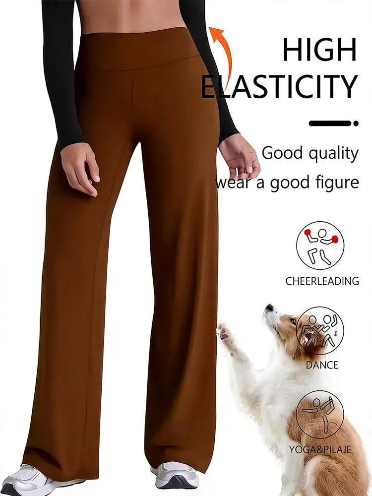 LORNEA women's high-waisted wide-leg athletic yoga pants in brown, with tummy control and butt-lifting design, plus size jeans style