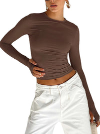 LORNEA women's long sleeve crew neck crop top with thumb holes, solid slim fit T-shirt for summer streetwear fashion.
