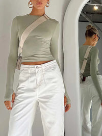 LORNEA women's long sleeve crew neck crop top with thumb holes, slim fit, solid color, perfect for summer streetwear style.
