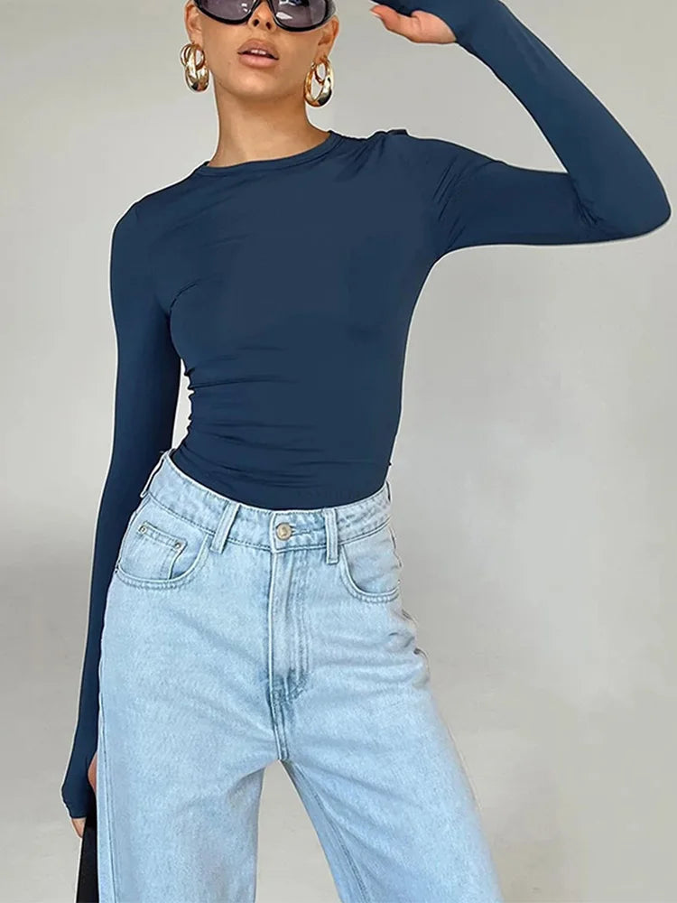 LORNEA women's long sleeve crew neck slim fit crop top with thumb holes, solid summer streetwear T-shirt for women.