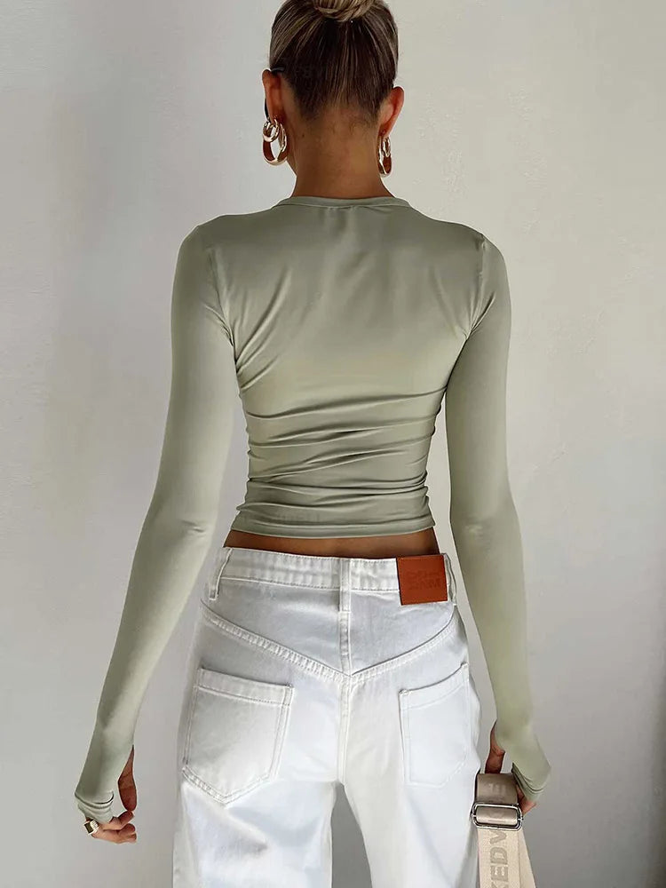 LORNEA women's long sleeve crew neck solid slim fit crop top with thumb holes, perfect for summer streetwear fashion.