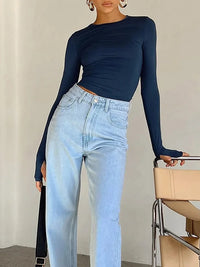 LORNEA women's long sleeve crew neck crop top with thumb holes, solid slim fit T-shirt for summer streetwear, casual daily wear