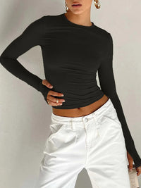 LORNEA women's long sleeve crew neck crop top with thumb holes, solid slim fit design, suitable for summer streetwear style.
