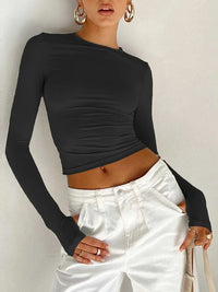 LORNEA women's long sleeve crew neck crop top with thumb holes, solid slim fit design, ideal for summer streetwear fashion