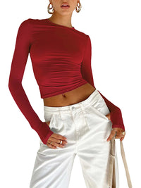 LORNEA women's long sleeve crew neck crop top with thumb holes, solid slim fit T-shirt for summer streetwear and daily casual wear