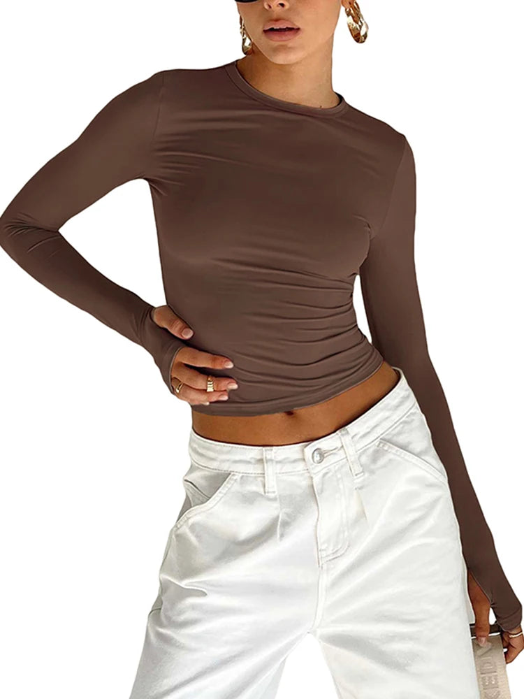LORNEA women's long sleeve crew neck crop top with thumb holes, solid slim fit T-shirt for summer streetwear, casual daily wear