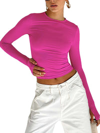 LORNEA women's long sleeve crew neck slim fit crop top with thumb holes, solid color, ideal for summer streetwear and daily casual wear.