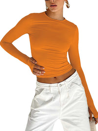 LORNEA women's long sleeve crew neck crop top with thumb holes, solid slim fit casual streetwear T-shirt for summer.