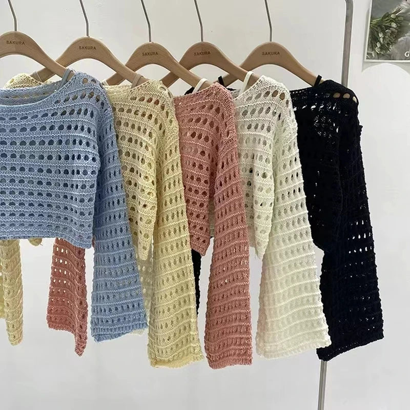 LORNEA long sleeve crochet knit top, summer beach bikini cover-up, lightweight wool knitwear blouse for women vacation boho style