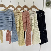 LORNEA long sleeve crochet knit top, summer beach bikini cover-up, lightweight wool knitwear blouse for women vacation boho style