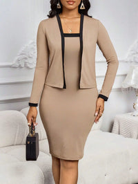 LORNEA women's long sleeve contrast trim jacket and bodycon dress set, elegant office wear, stylish and tailored for professional look.