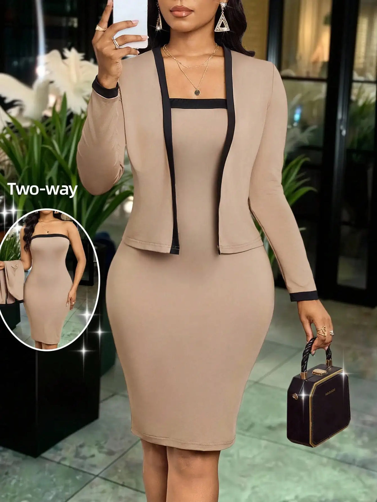 LORNEA women's two-way contrast trim long sleeve jacket and bodycon dress set, elegant office wear with stylish design.