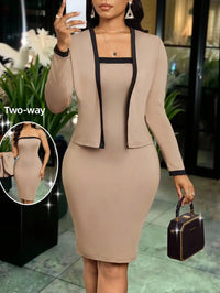 LORNEA women's long sleeve jacket and bodycon dress set with contrast trim, suitable for elegant office wear, shown in the image.