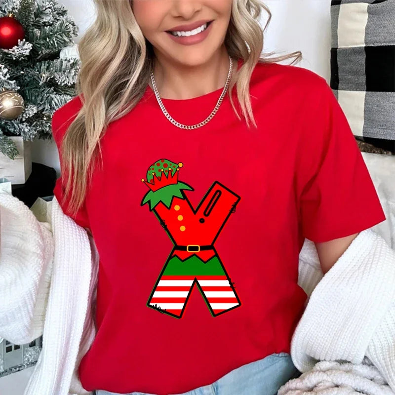 LORNEA women's printed Christmas T-shirt with casual loose fit, short sleeves, featuring festive holiday design