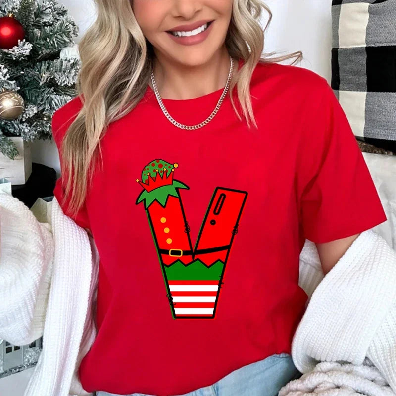 LORNEA women's printed Christmas T-shirt, casual short-sleeve shirt with festive holiday design, loose and comfortable fit.