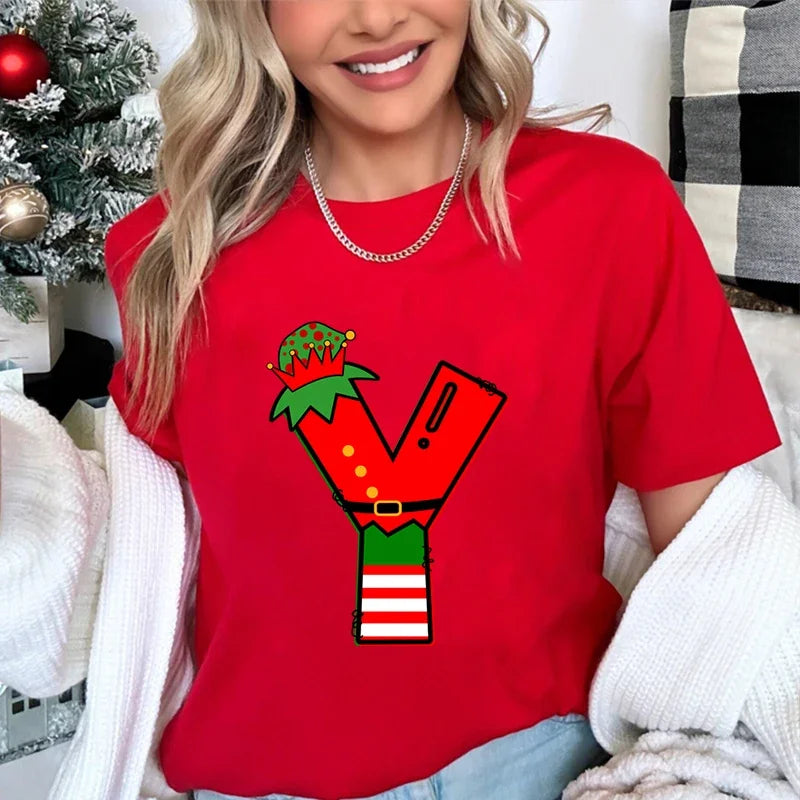 LORNEA women's printed Christmas T-shirt, casual loose fit short sleeve shirt with festive holiday design, comfortable and stylish.