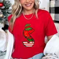 LORNEA women's printed Christmas T-shirt with short sleeves, casual loose fit, featuring festive holiday design.