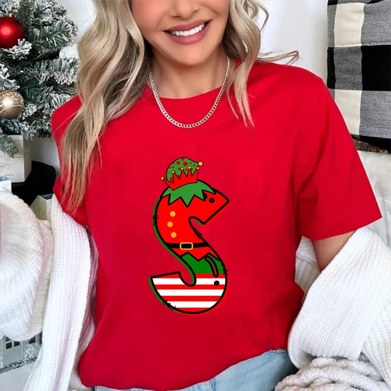 LORNEA women's printed Christmas T-shirt with casual, loose fit, short sleeves, featuring festive holiday design and comfortable fabric
